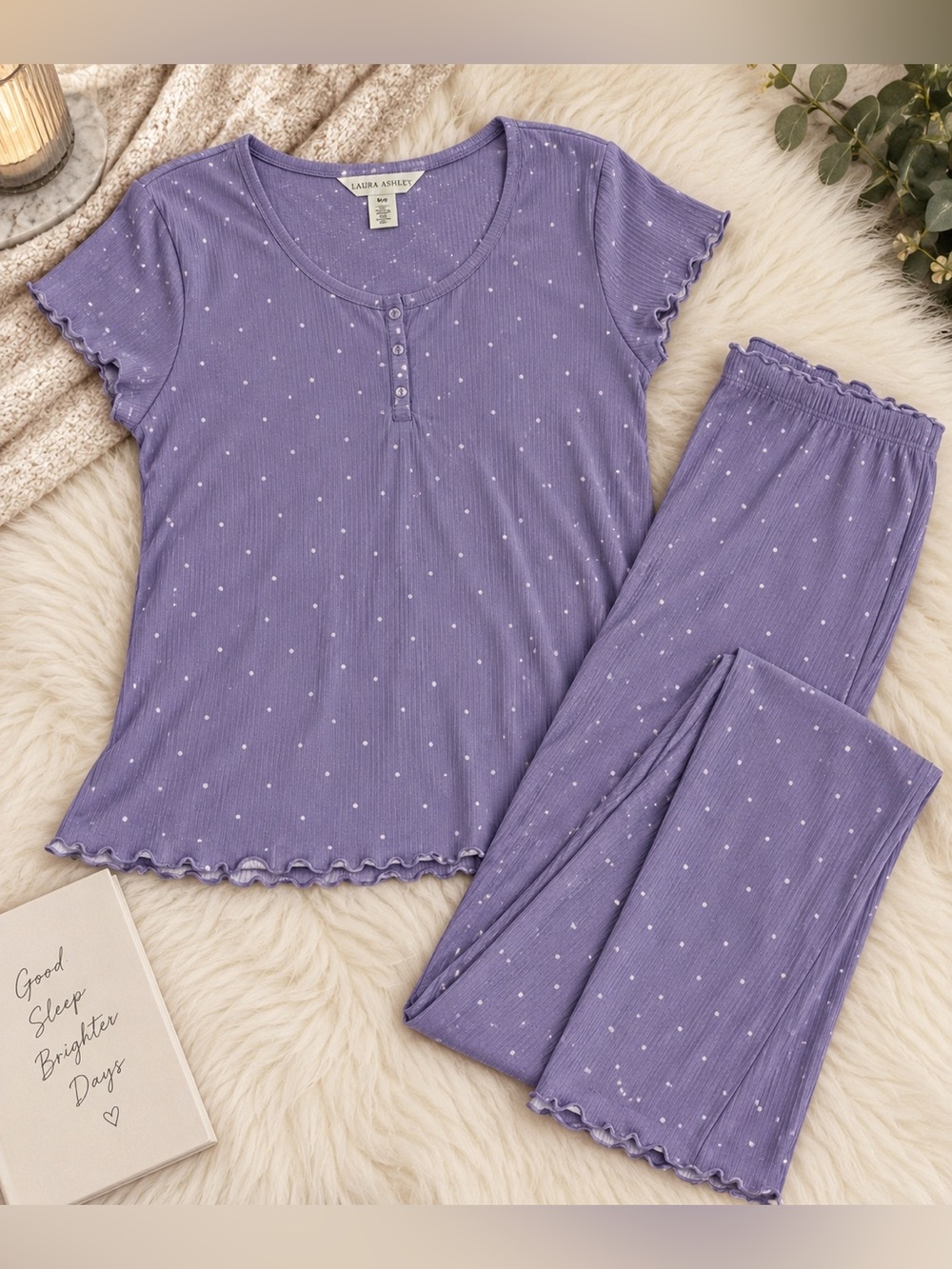 Laura Ashley Purple Polka Dot Ribbed Pajama Set Size L